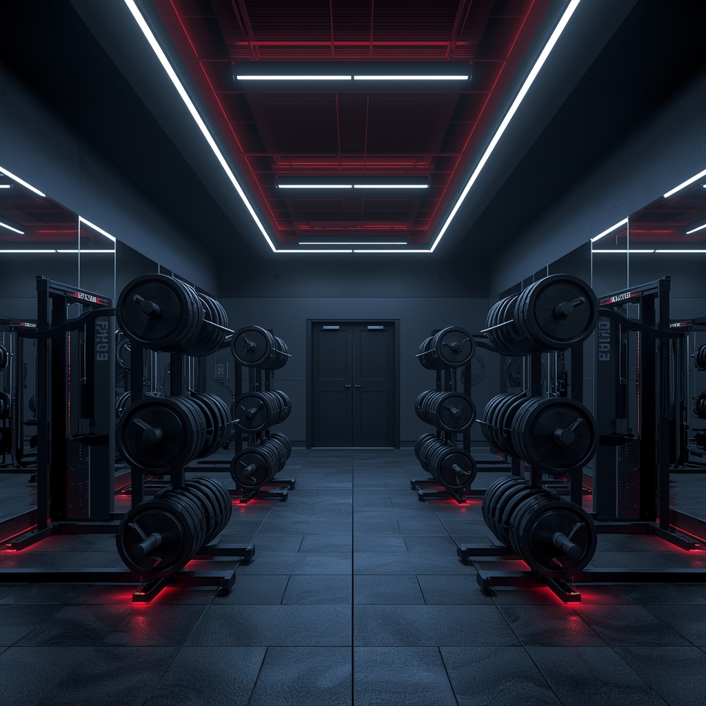 A highly detailed cinematic shot of an empty luxurious modern gym setup with heavy weights and neon led lights, dark moody atmosphere